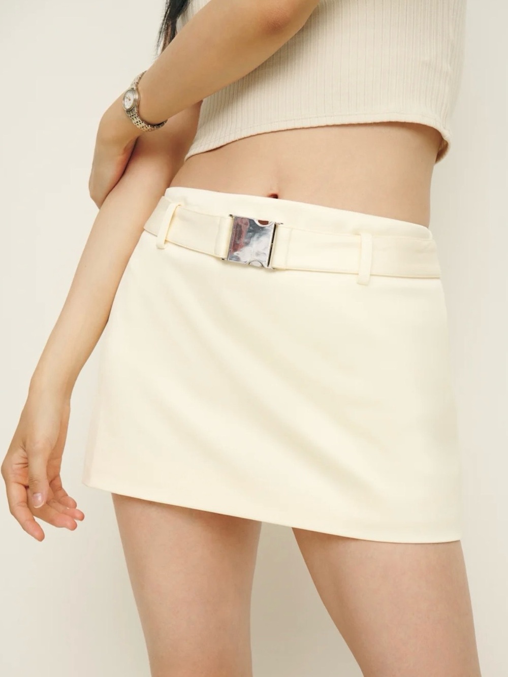 🆕 Reformation Carla Low Waist Belted Satin Skirt in Sugar